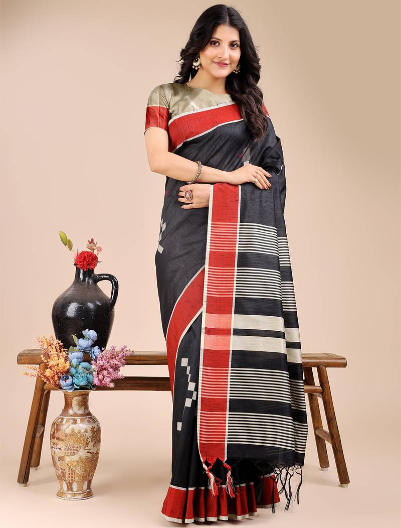black color woven work cotton saree