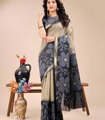 cream & black color woven work cotton saree