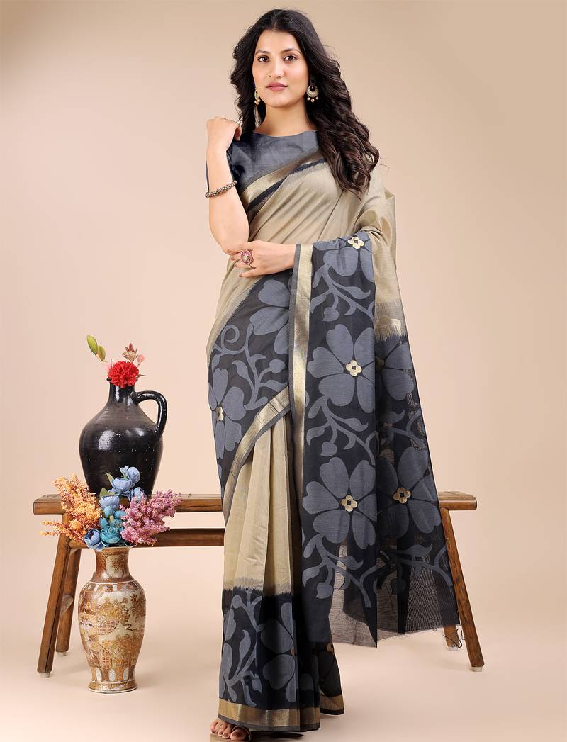 cream & black color woven work cotton saree
