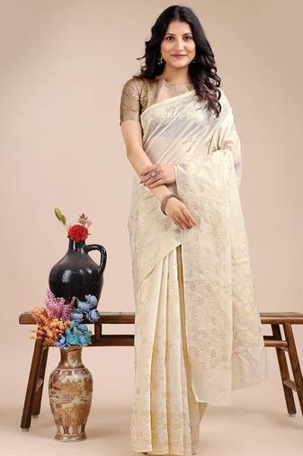 off white color woven work cotton saree