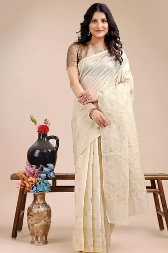 off white color woven work cotton saree