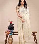off white color woven work cotton saree