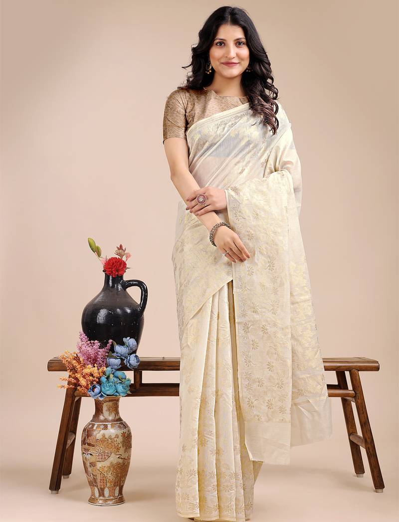 off white color woven work cotton saree