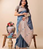 blue color woven work lichi art silk blend saree