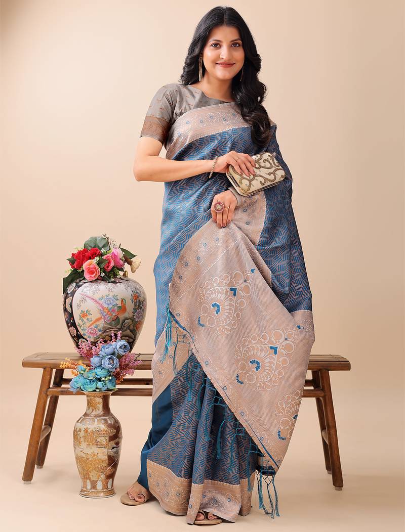 blue color woven work lichi art silk blend saree
