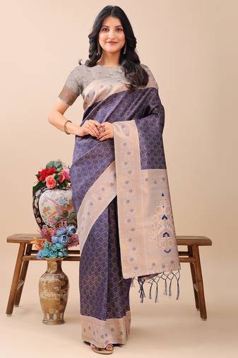 Navy Blue color woven work lichi art silk blend saree