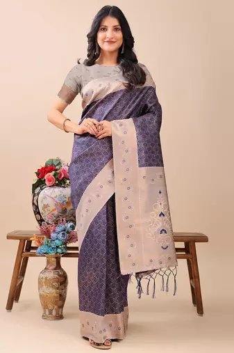 Navy Blue color woven work lichi art silk blend saree