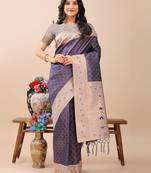 Navy Blue color woven work lichi art silk blend saree