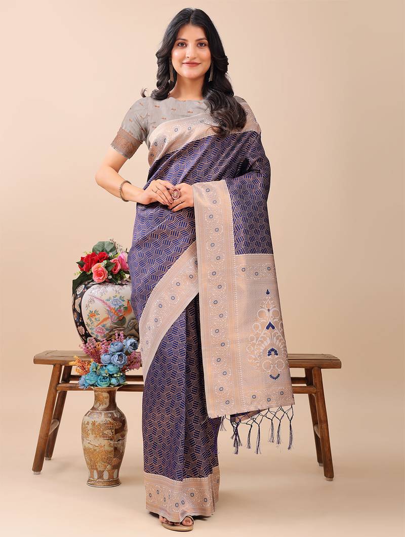 Navy Blue color woven work lichi art silk blend saree