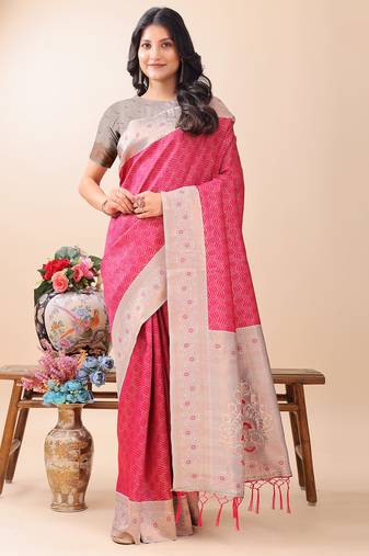 pink color woven work lichi art silk blend saree