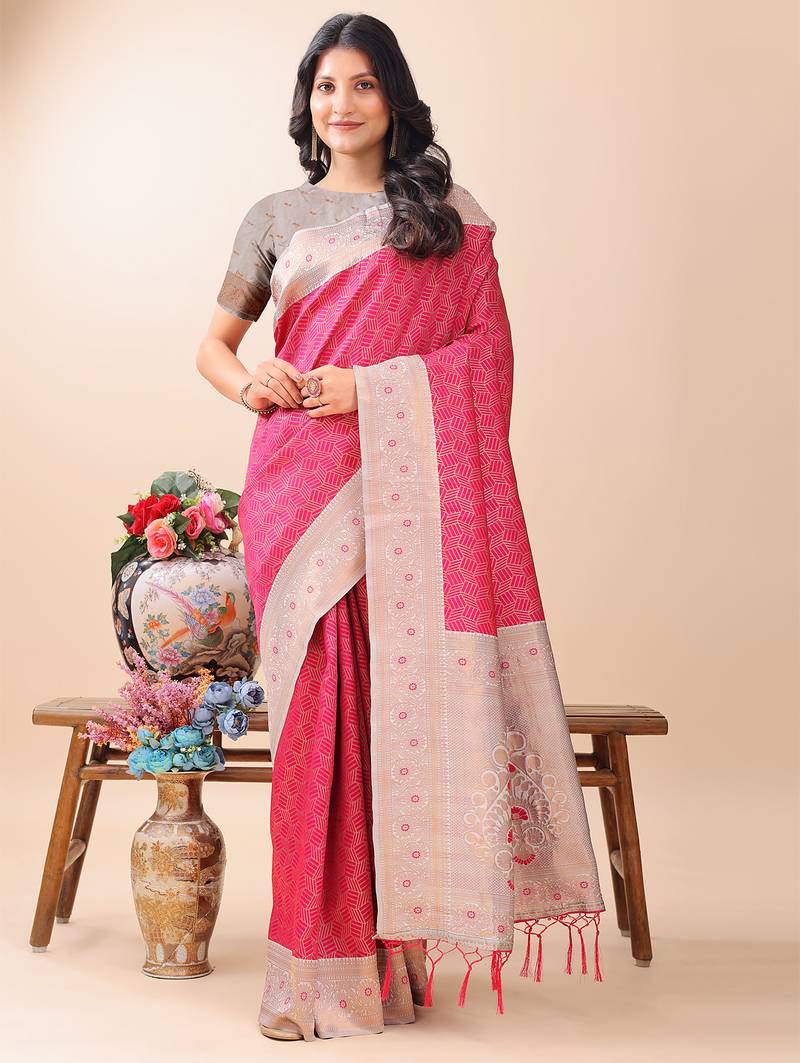 pink color woven work lichi art silk blend saree
