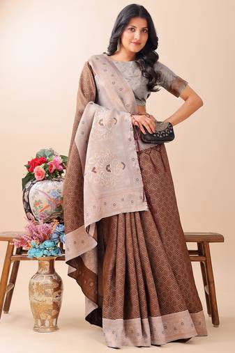 brown color woven work lichi art silk blend saree