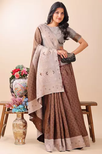 brown color woven work lichi art silk blend saree