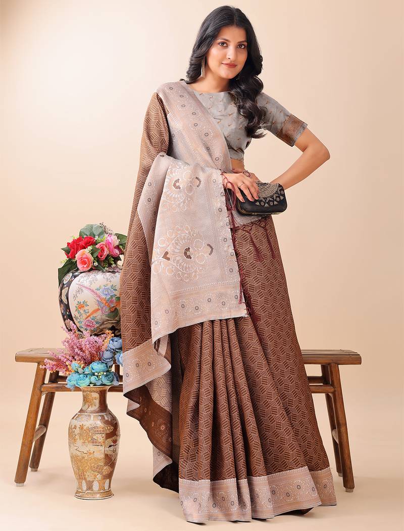 brown color woven work lichi art silk blend saree