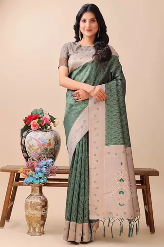 green color woven work lichi art silk blend saree