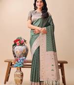 green color woven work lichi art silk blend saree
