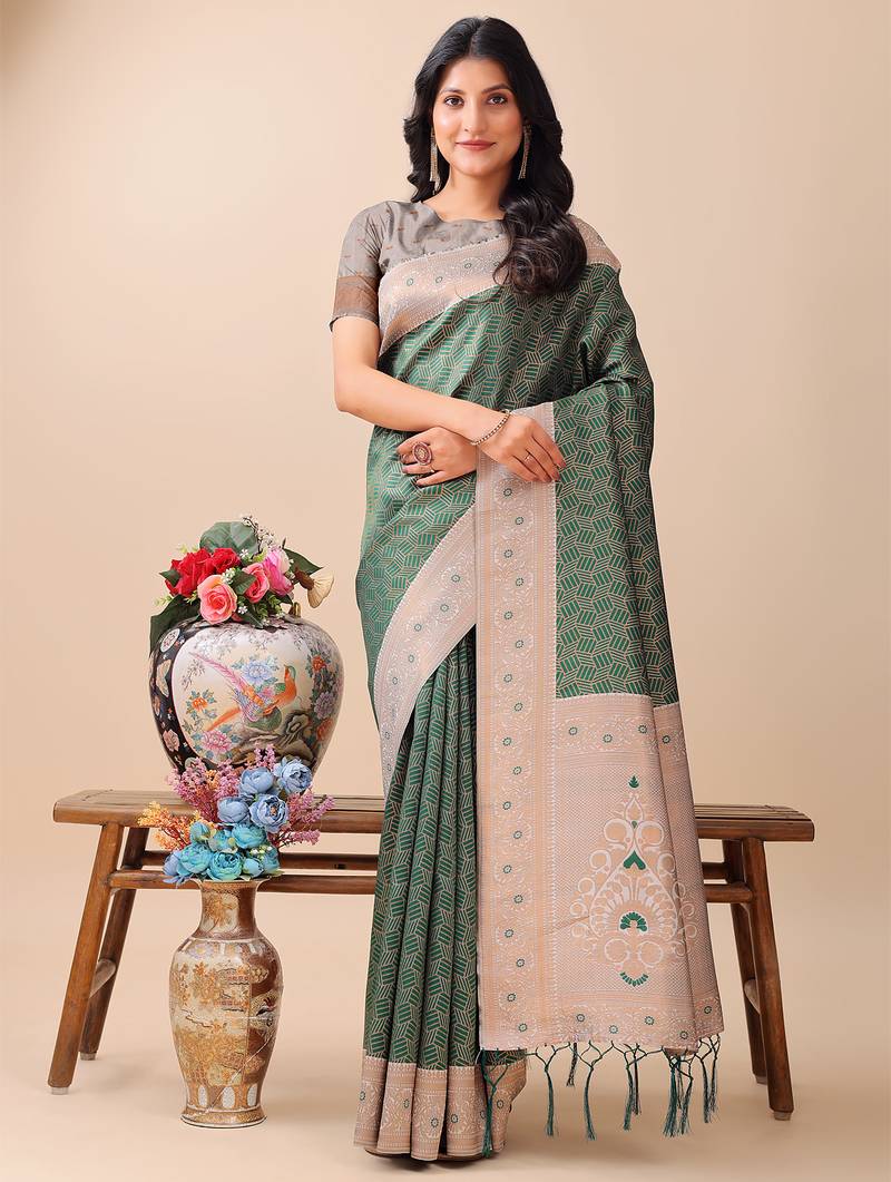 green color woven work lichi art silk blend saree