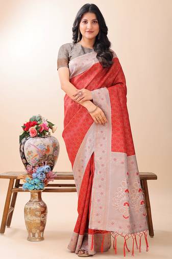 red color woven work lichi art silk blend saree
