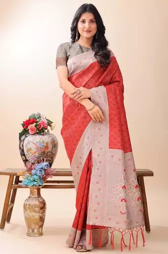 red color woven work lichi art silk blend saree