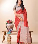 red color woven work lichi art silk blend saree
