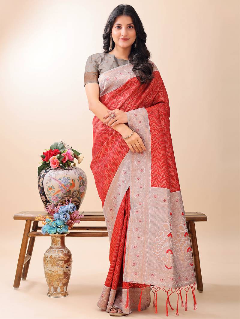 red color woven work lichi art silk blend saree