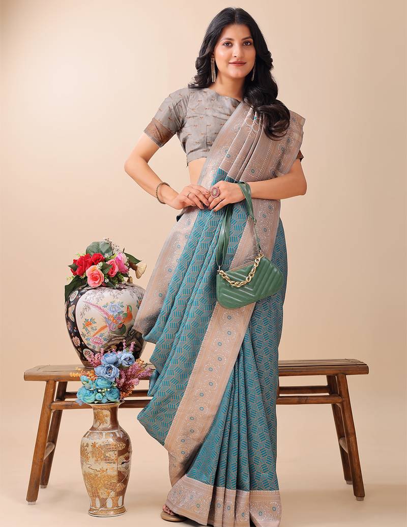 teal color woven work lichi art silk blend saree
