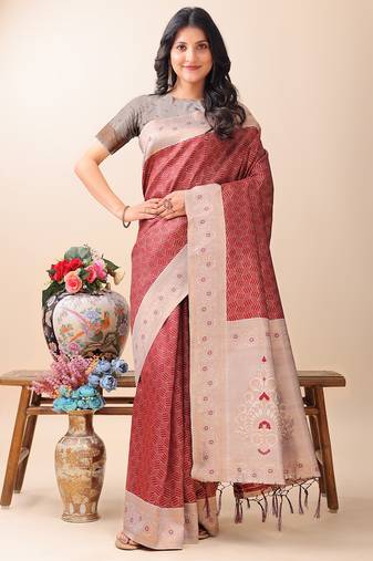 maroon color woven work lichi art silk blend saree