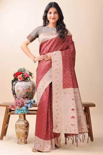 maroon color woven work lichi art silk blend saree