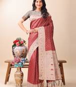 maroon color woven work lichi art silk blend saree