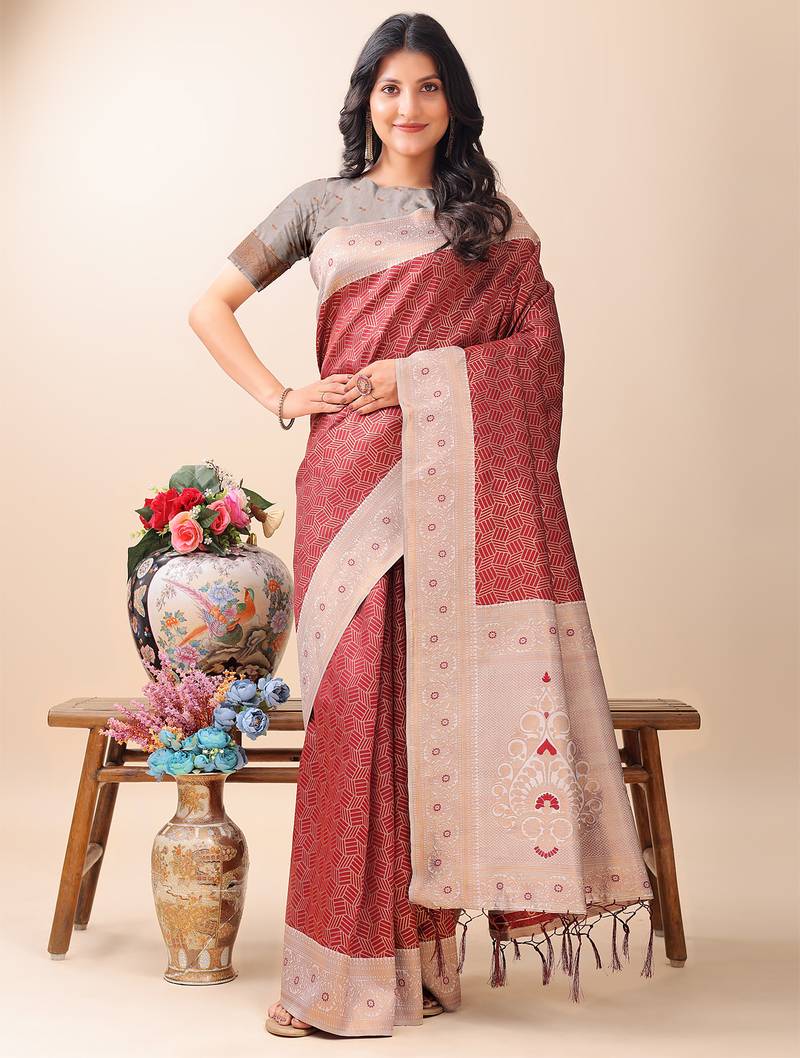 maroon color woven work lichi art silk blend saree