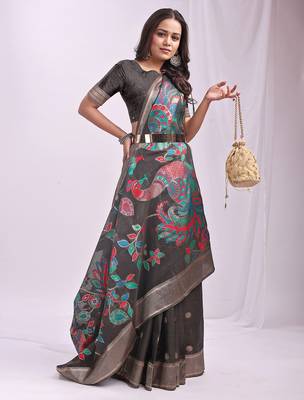 grey linen cotton woven & printed linen cotton saree 1