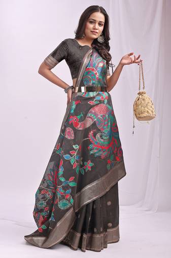 grey color linen cotton woven & printed linen cotton saree