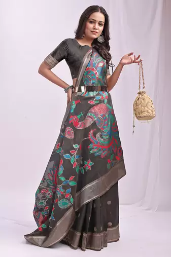 grey color linen cotton woven & printed linen cotton saree