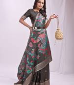 grey color linen cotton woven & printed linen cotton saree