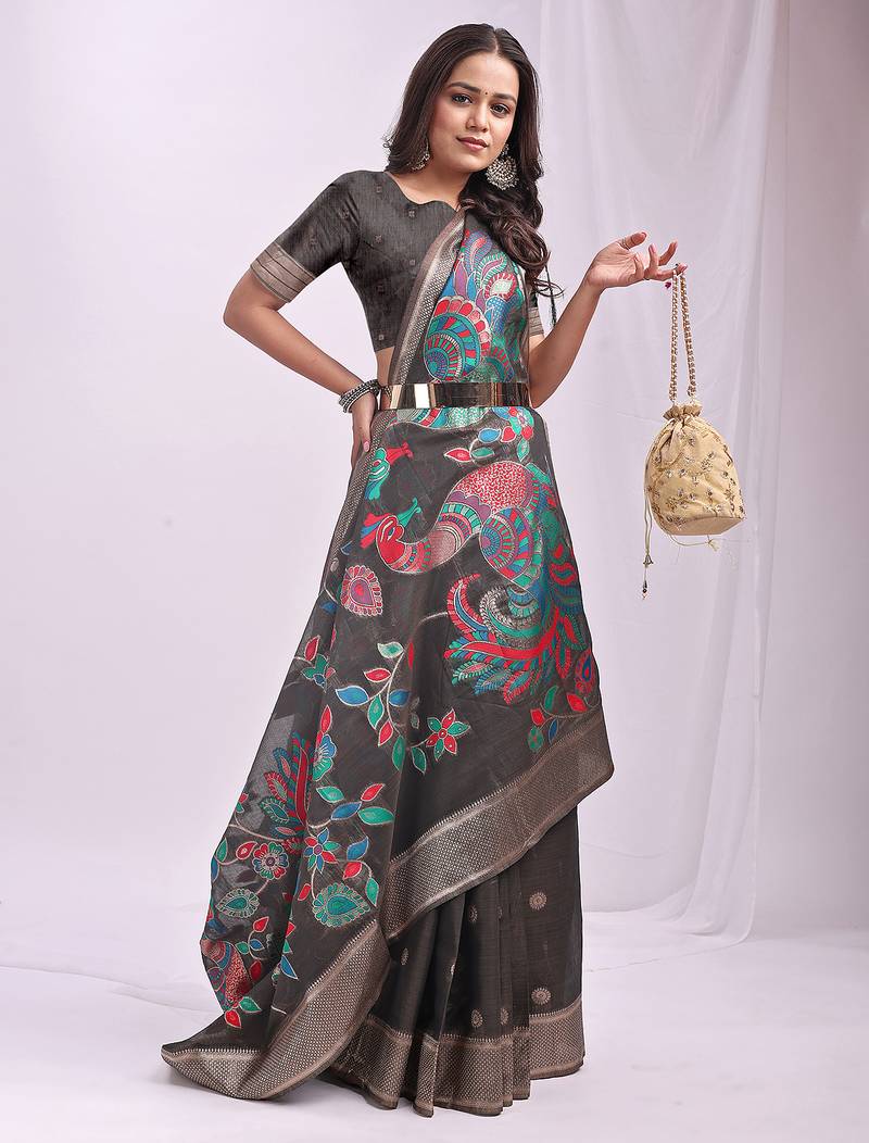 grey color linen cotton woven & printed linen cotton saree