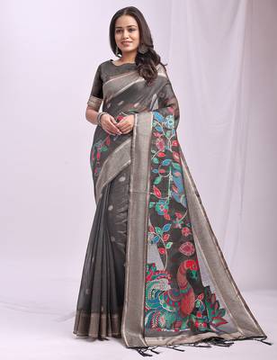 grey linen cotton woven & printed linen cotton saree 2