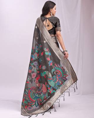 grey linen cotton woven & printed linen cotton saree 3