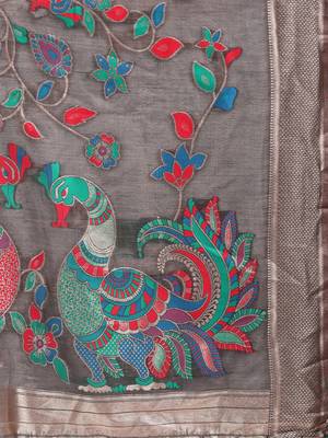 grey linen cotton woven & printed linen cotton saree 4