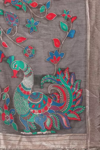 grey linen cotton woven & printed linen cotton saree