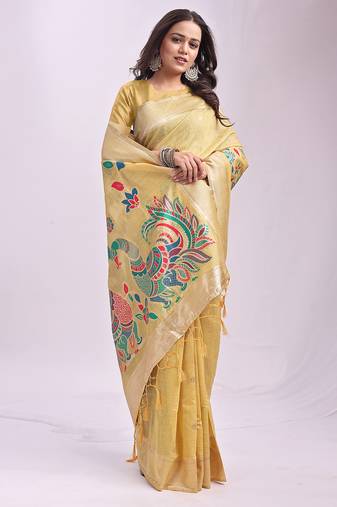 yellow color linen cotton woven & printed linen cotton saree