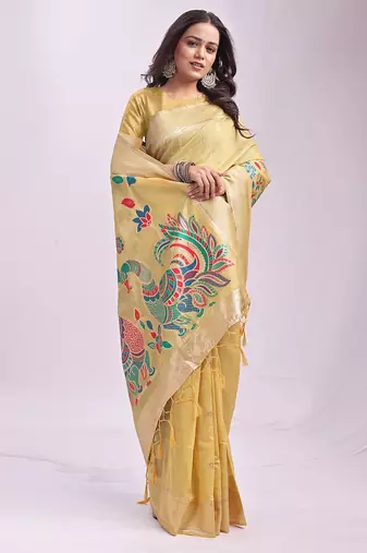 yellow color linen cotton woven & printed linen cotton saree