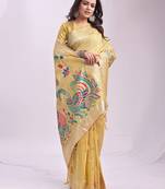 yellow color linen cotton woven & printed linen cotton saree