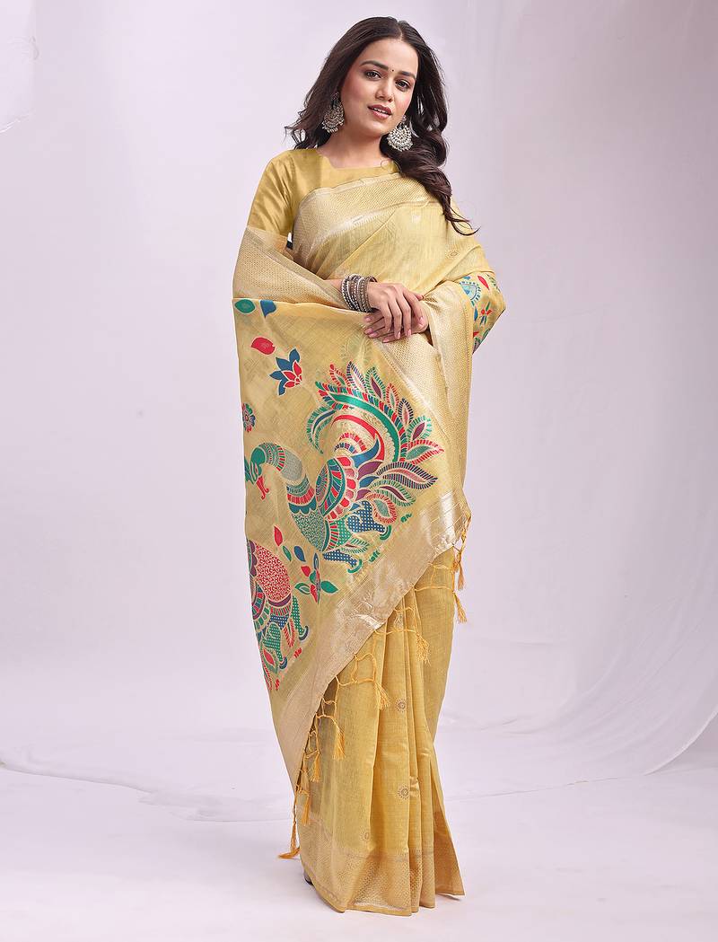 yellow color linen cotton woven & printed linen cotton saree