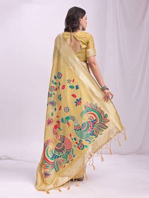 yellow color linen cotton woven & printed linen cotton saree 3