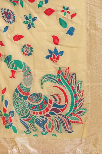 yellow color linen cotton woven & printed linen cotton saree