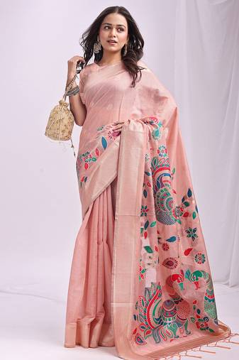 peach color linen cotton woven & printed linen cotton saree