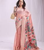 peach color linen cotton woven & printed linen cotton saree