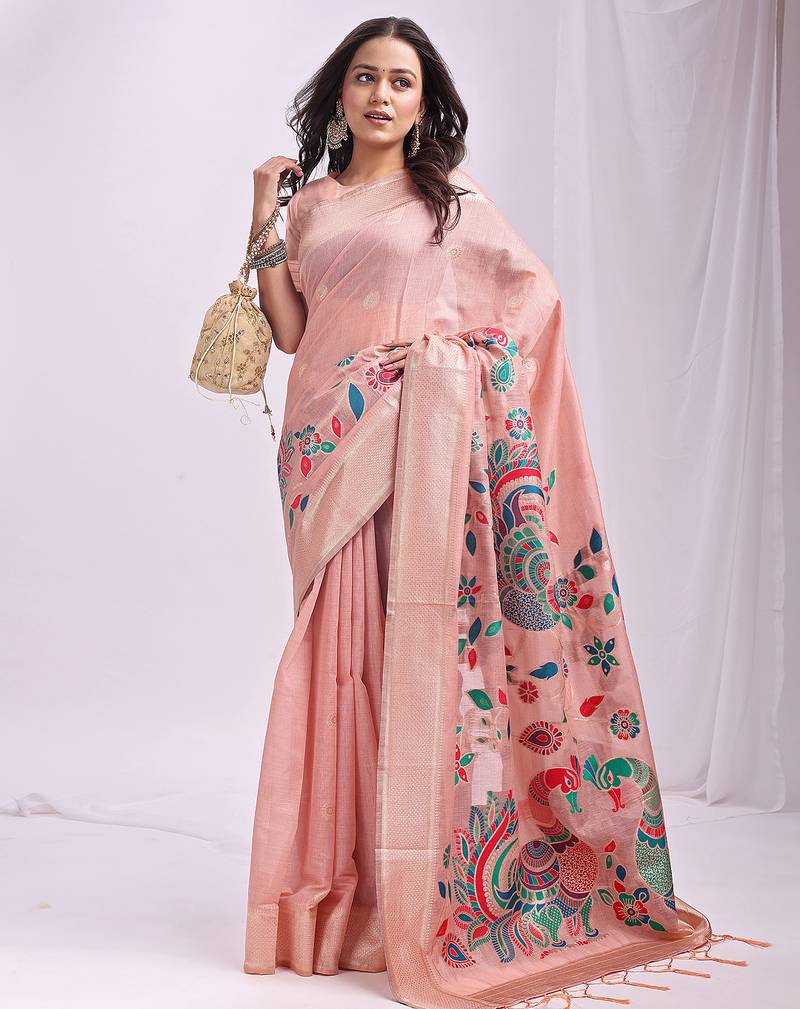 peach color linen cotton woven & printed linen cotton saree