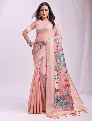 peach color linen cotton woven & printed linen cotton saree 3