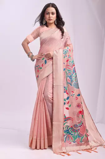 peach color linen cotton woven & printed linen cotton saree